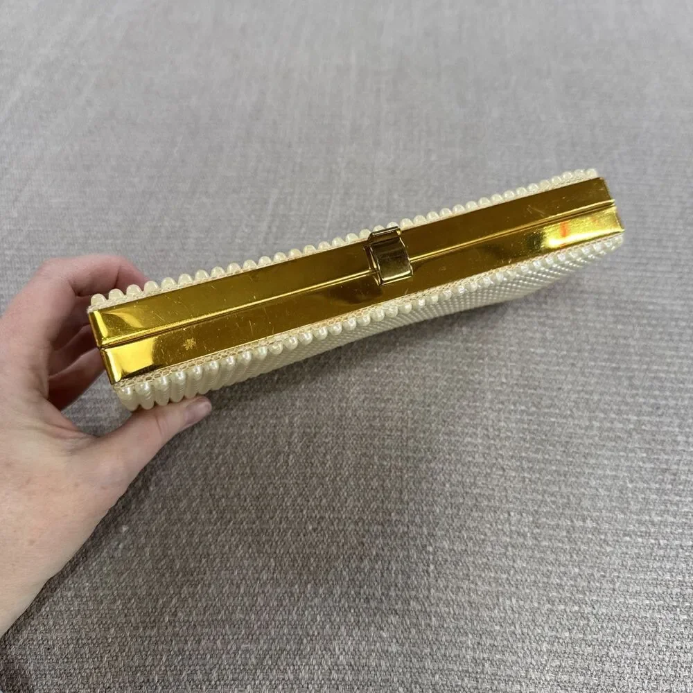 Vintage Faux Pearl Clutch Purse Gold Tone Frame Bag Mid Century MCM Glam Classy